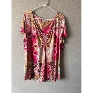 One World Womens 2X Pink Abstract Studded Embellished Blouse Top Short Slv
